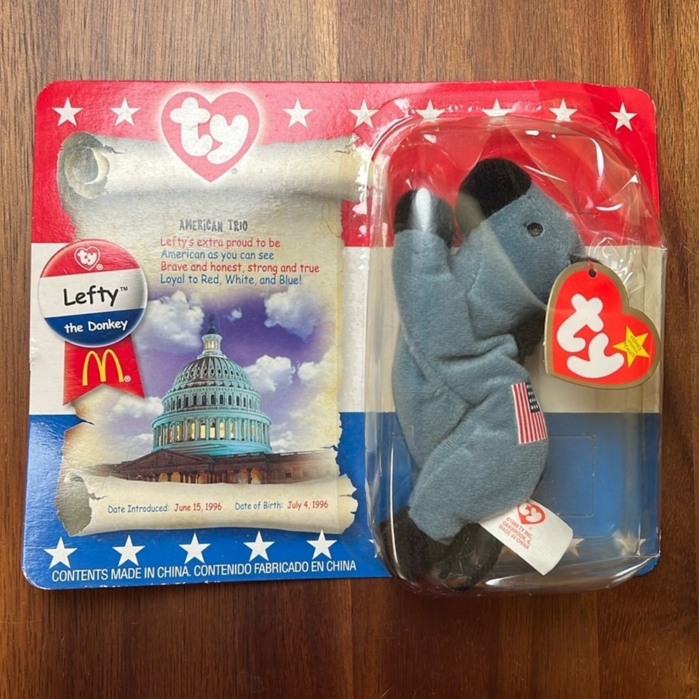 NIP Ty Lefty the Donkey Teenie Beanie Baby McDonald's Small Blue New Patriotic